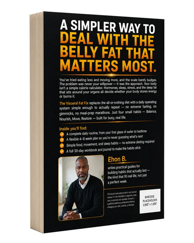 Back cover of The Visceral Fat Fix, listing the daily routine, the four–eight week plan, the food and movement habits, and the 30-day workbook.
